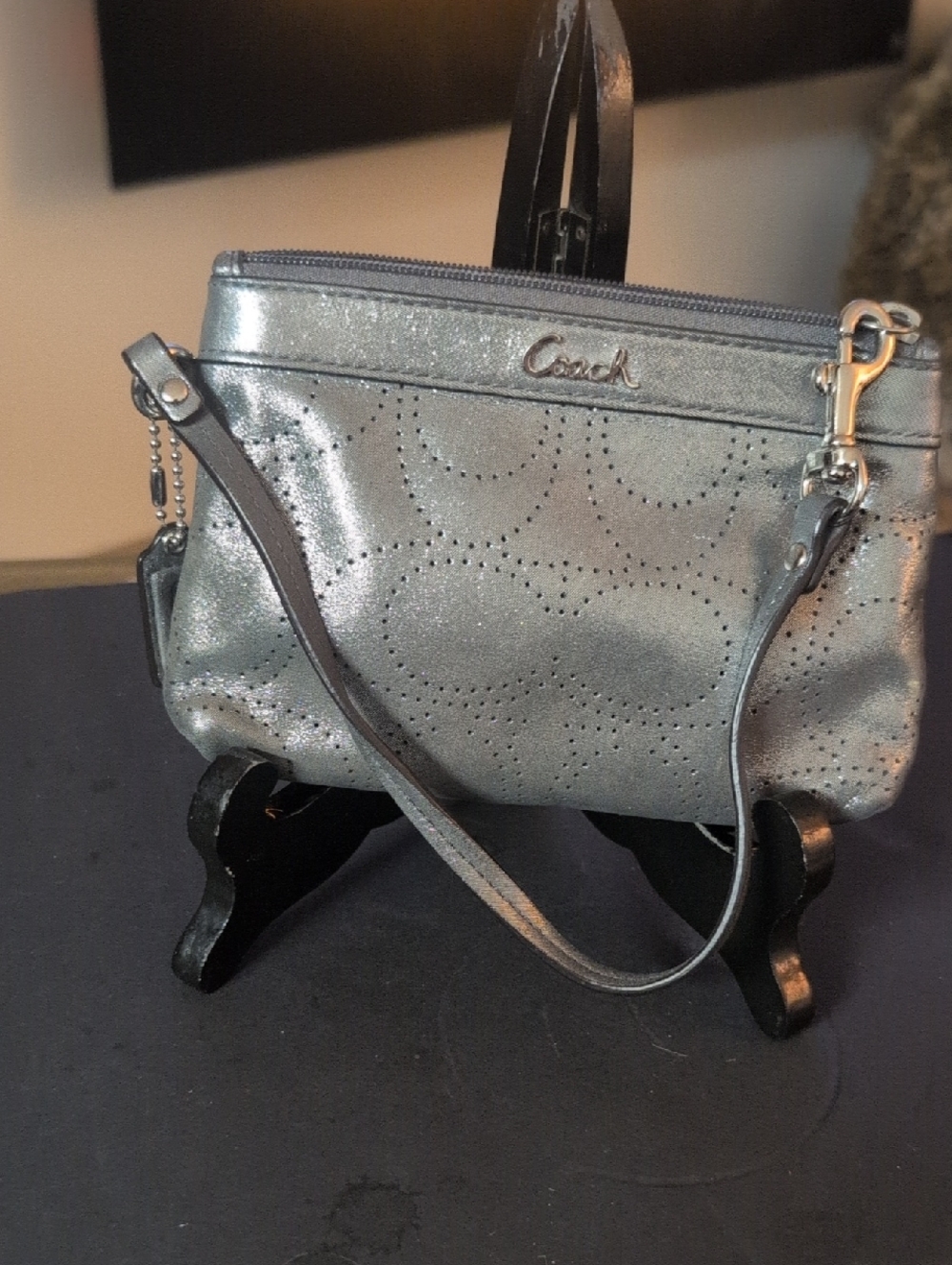Coach Perforated Signature Gunmetal Wristlet